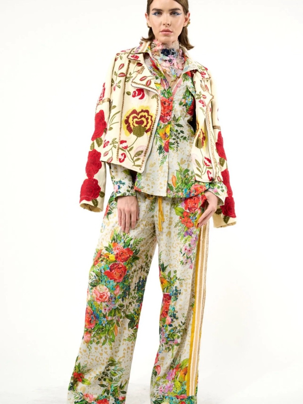Aratta Harriet Wide-Leg Pants in Cream Floral Combo